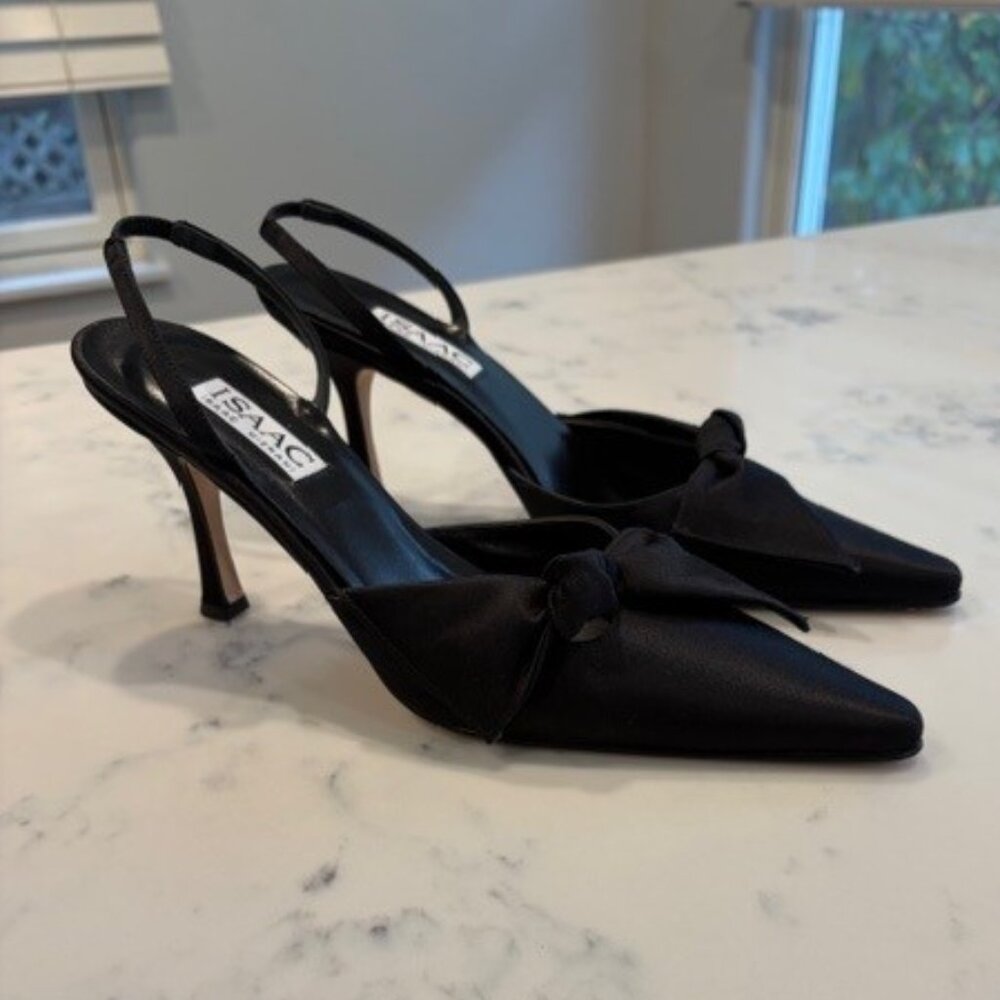 Isaac Mizrahi Black Satin Bow Sling Back Heels, Size 8